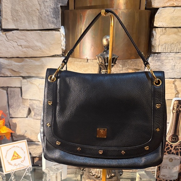 MCM Handbags - MCM Black Shoulder Bag with Gold Details